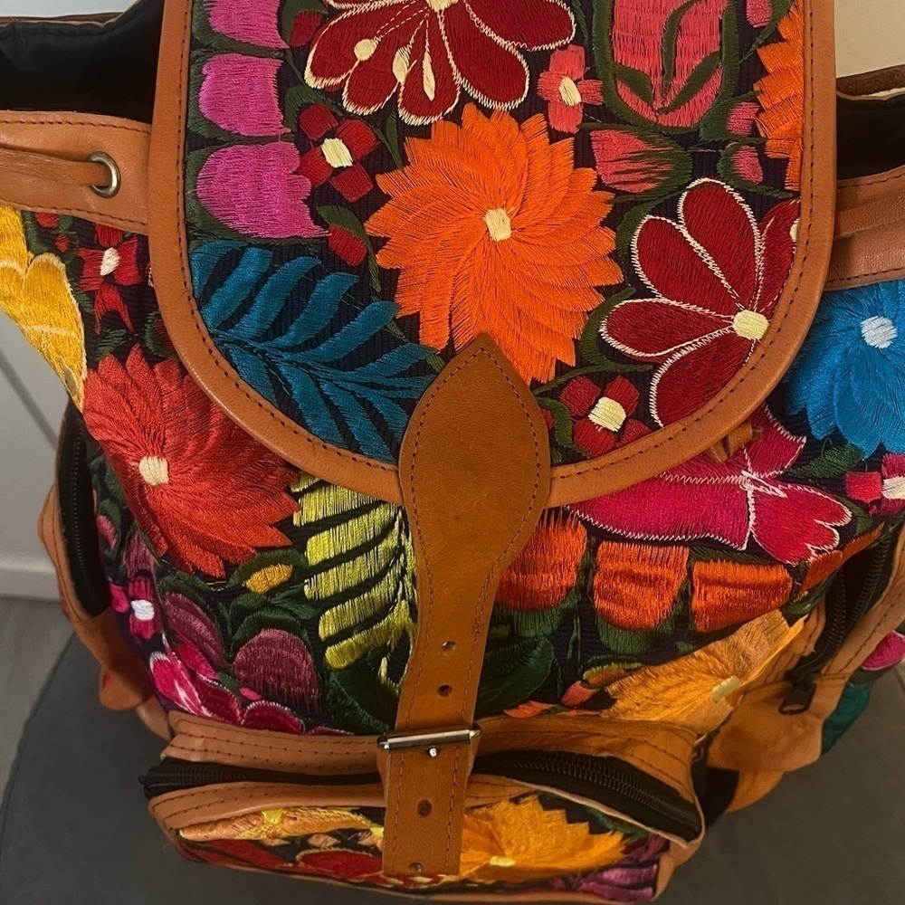 Suede Backpack | Embroidered Flowers | Mexican | Multicolored - Picture 2 of 6